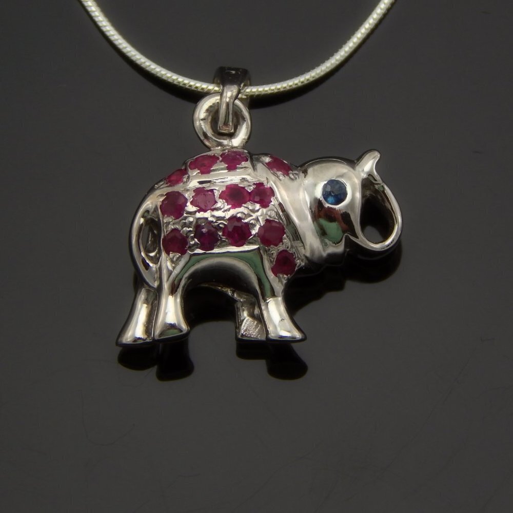 Genuine Ruby and Sapphire Lucky Elephant Necklace in 925 Sterling Silver